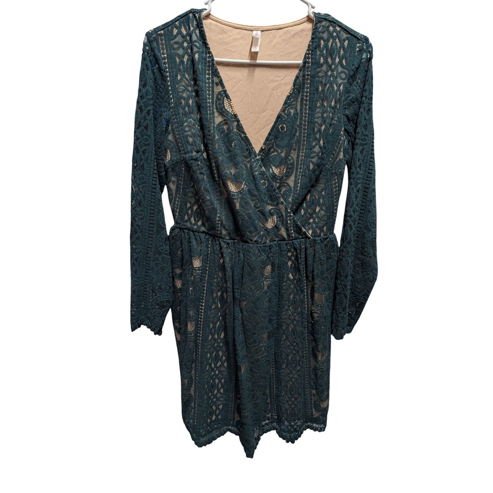 Xhilaration Lace Romper Women Medium Green Excellent Long Sleeve V-Neck Floral